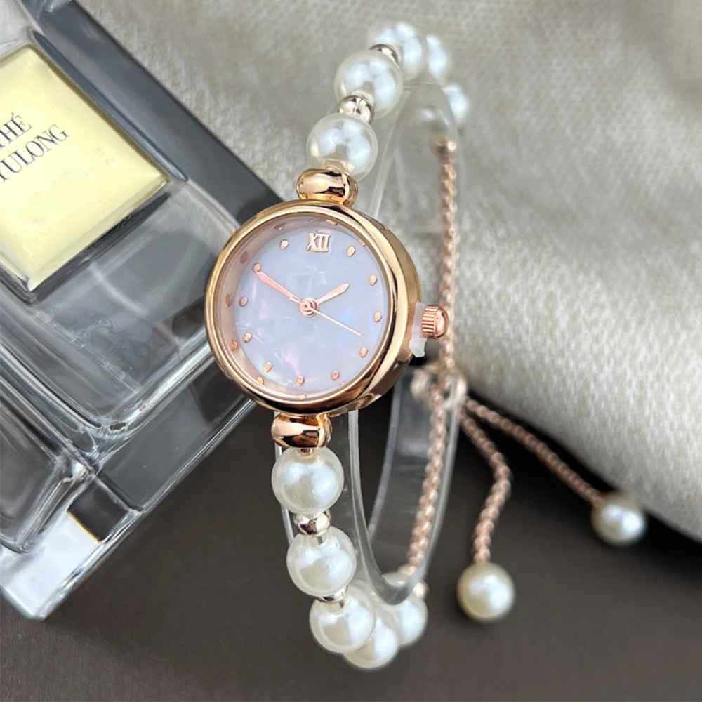 Women's beaded Pull-out bracelet Alloy Rose Gold case Premium Fritile-textured dial Elegant quartz watch suitable for banquet