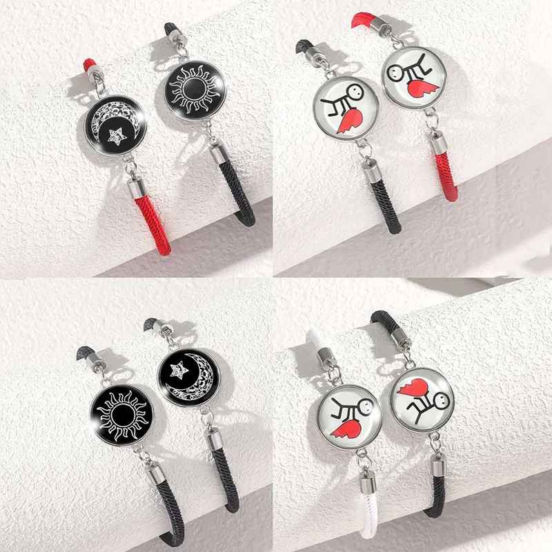 Handmade 2Pcs Luminous Sun and Moon Bracelet for Couples Friendship Women Men Woven Adjustable Stainless Steel Men Jewelry Gift