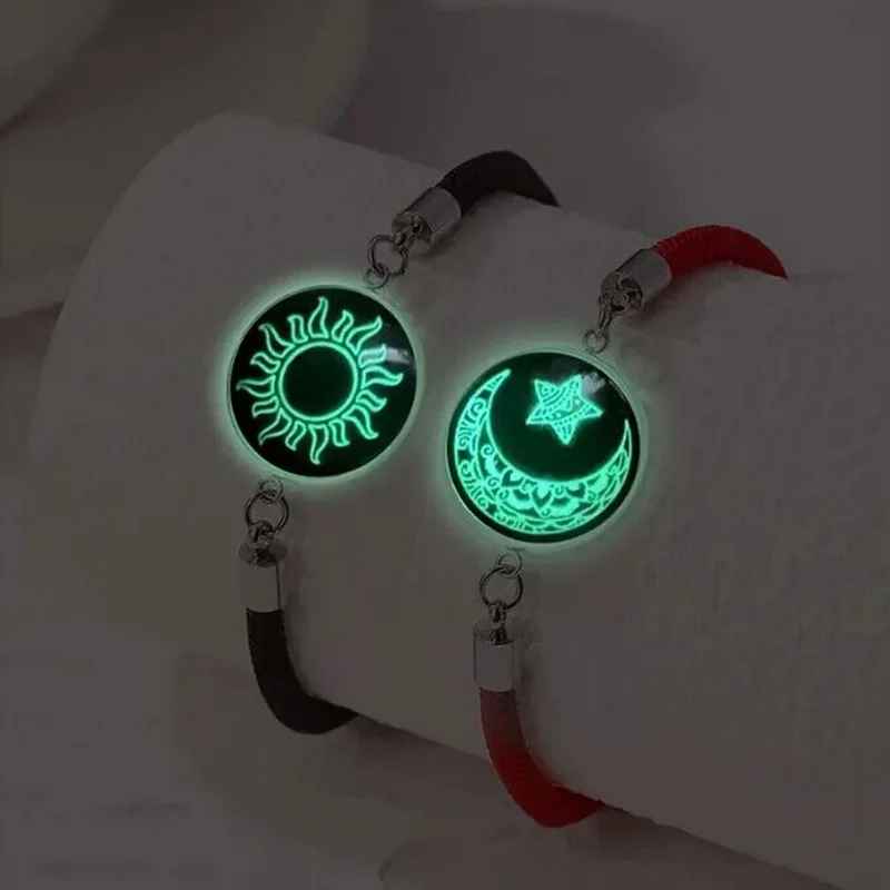 Handmade 2Pcs Luminous Sun and Moon Bracelet for Couples Friendship Women Men Woven Adjustable Stainless Steel Men Jewelry Gift